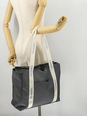 CHANEL Tote Bag Nylon Gray Silver CC